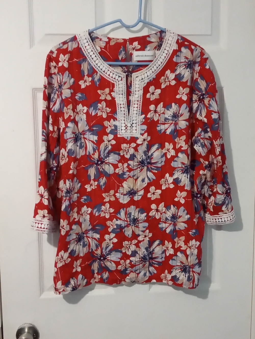 Alfred Dunner Red Floral Tunic Top with White and Blue Accents